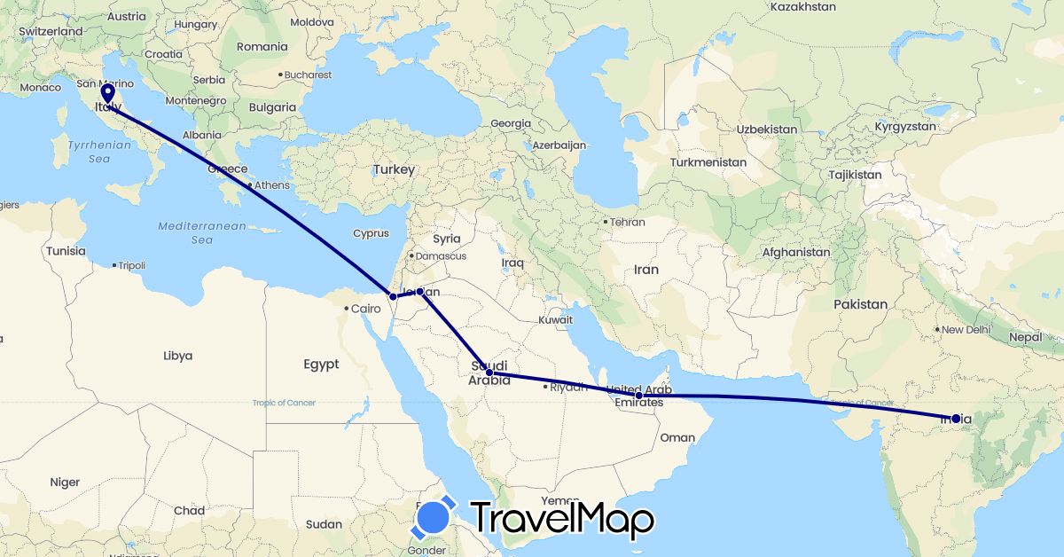 TravelMap itinerary: driving in United Arab Emirates, India, Italy, Jordan, Saudi Arabia (Asia, Europe)